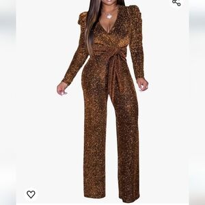 Senight Jumpsuit Elegant Long Sleeve Brown Copper Matallic Sparkle Size …